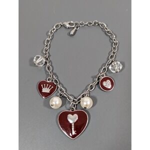 Red Heart Crown Charm Bracelet Faux Pearl Gothic Queen Style 9"